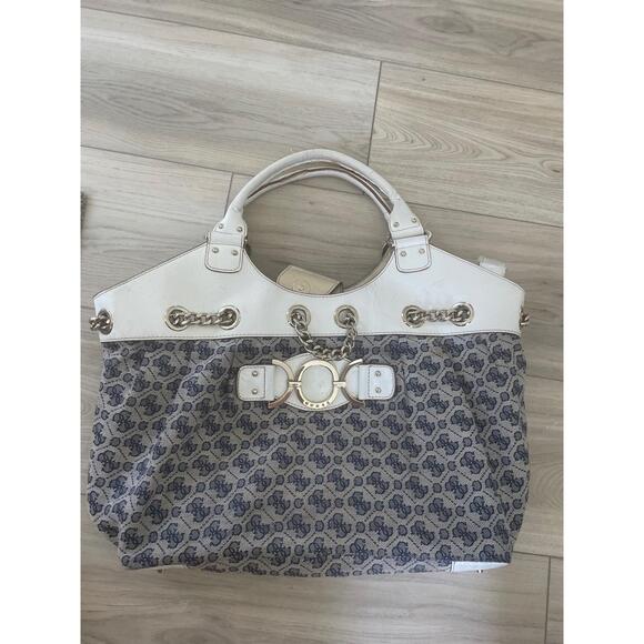 G by Guess Handbags - Vintage Guess Handbag Patterned White Leather Blue Canvas used, wear on handles